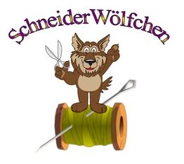 Ein Wolf mit Schere steht auf Garnspule, darüber der Schriftzug "SchneiderWölfchen".