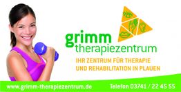 Frau mit Hanteln, Logo "grimm therapiezentrum", Text: Therapie und Rehabilitation in Plauen.