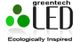Logo mit grünen Kreisen, Text "greentech LED", darunter "Ecologically Inspired".