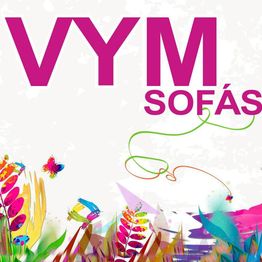 Texto "VYM SOFÁS" en rosa, fondo con flores y pájaros coloridos.