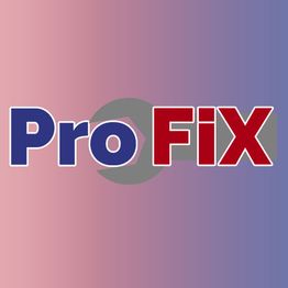ProFiX logo with blue and red text on a gradient pink to purple background.