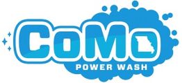 Blue "CoMo Power Wash" logo with a bubble design and Missouri state outline.
