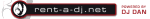 Logo von rent-a-dj.net, powered by DJ Dan, mit Kopfhörer-Design und schwarzem Hintergrund.