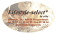 Ovales Logo mit Text "Lifestyle-select" und Kontaktinformationen, Hintergrund mit Spitzenmuster.