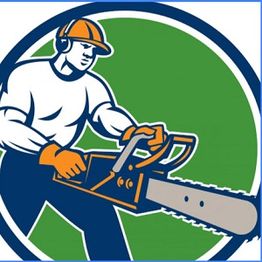 Illustration of a person in safety gear using a chainsaw, set against a green circle background.