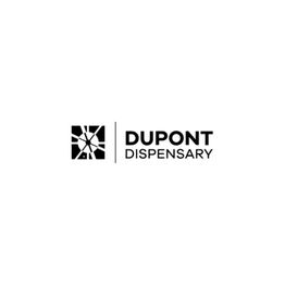 Black and white logo of Dupont Dispensary with a geometric design on the left.