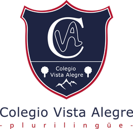 Escudo del Colegio Vista Alegre con árboles y montañas, texto "plurilingüe".