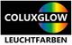 Logo mit Aufschrift "COLUXGLOW LEUCHTFARBEN", Regenbogenfarben im Hintergrund.