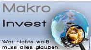 Makro Invest-Logo mit Erde, Lupe, Euro-Münzen und Text: "Wer nichts weiß - muss alles glauben."