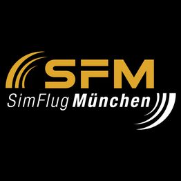 Logo von SimFlug München mit gelben Buchstaben auf schwarzem Hintergrund.