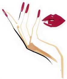 Illustration einer stilisierten Hand mit langen roten Nägeln und roten Lippen.