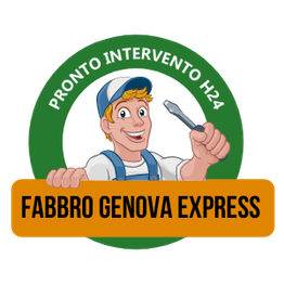 Grafica colorata con muratore sorridente, scritta: "PRONTO INTERVENTO H24 FABBRO GENOVA EXPRESS".