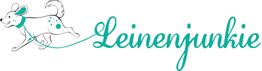 Logo: Hund an der Leine, Schriftzug "Leinenjunkie" in türkis.