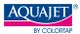 Logo "Aquajet by Colortap" su sfondo blu e rosa.