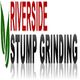 "Riverside Stump Grinding" text logo with green leaf accents, reflected below.