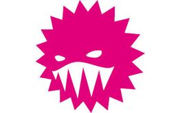 Pinke gezackte Kreatur mit grimmigem Gesichtsausdruck und spitzen Zähnen.