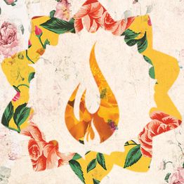 Fogo estilizado entre flores coloridas em fundo claro.