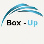 Logo mit dem Text "Box-Up" und drei blauen, gebogenen Linien darüber.