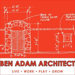 Architectural blueprint of a stone door and window, labeled "Ben Adam Architect" with tagline.