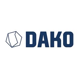 Logo mit blauer, stilisierter Form und dem Schriftzug "DAKO" in blauen Großbuchstaben.