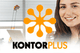 Logo von Kontorplus, eine Frau lächelt, orange Blume über Bürohintergrund.
