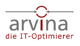 Logo von arvina mit dem Slogan "die IT-Optimierer" und Pfeilsymbol oben.