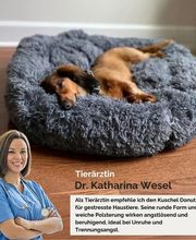 Hund liegt auf grauem, flauschigem Kissen, darunter Werbung für beruhigendes Haustierbett.
