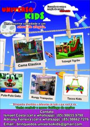 Panfleto colorido da Universo Kids com fotos de brinquedos infantis e informações de contato.