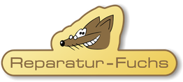 "Logo mit lächelndem Fuchs und Schriftzug 'Reparatur-Fuchs' auf gelbem Hintergrund."
