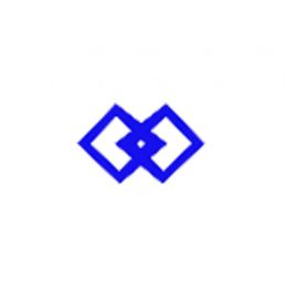 Blaues geometrisches Logo mit zwei verbundenen Rauten auf weißem Hintergrund.
