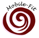 Logo mit rotem, spiralförmigem Motiv und dem Text „Mobile-Fit“ in geschwungener Schrift.