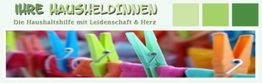 Wäscheklammern in bunten Farben, Text: "IHRE HAUSHELDINNEN. Die Haushaltshilfe mit Leidenschaft & Herz."