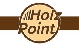 Logo mit braunem Kreis und Schriftzug "Holz Point" auf beige Hintergrund.