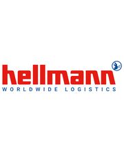 Logo de Hellmann Worldwide Logistics con texto rojo y símbolo de ave azul.