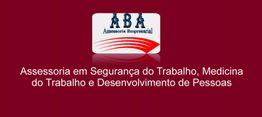 Logotipo da ABA com texto sobre Assessoria em Segurança e Medicina do Trabalho. Fundo bordô.