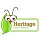 Cartoon bug with big eyes on a green leaf next to "Heritage Pest Control" text in brown and green.