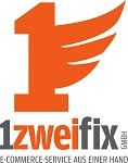 Logo mit orangener "1" und Flügel, darunter "1zweifix GmbH" und Text: "E-Commerce-Service aus einer Hand".