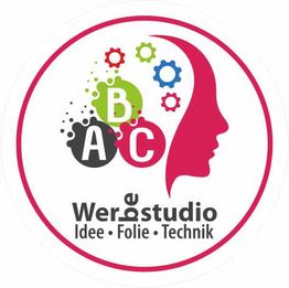 Logo mit bunten Zahnrädern, Buchstaben ABC und Text: Werostudio, Idee • Folie • Technik.