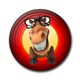Cavallo animato con occhiali e sorriso ampio in cerchio rosso e giallo.