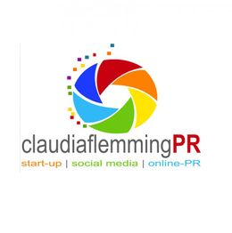 Buntes Logo von claudiaflemmingPR mit Text: start-up, social media, online-PR.