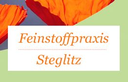 Text "Feinstoffpraxis Steglitz" vor orangen Blüten auf grünem Hintergrund.
