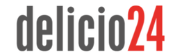 Logo mit Schriftzug "delicio24" in Grau und Rot.