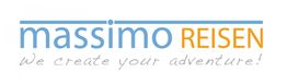 Logo von "massimo REISEN" mit dem Slogan: "We create your adventure!" in blauer und orangefarbener Schrift.