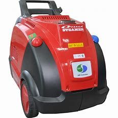 Rotes, tragbares Dampfreinigungsgerät mit Rädern und Griff, Marke Optima Steamer.