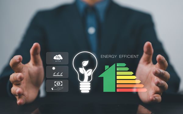 Mann arbeitet am Laptop mit eingeblendeten Symbolen zur Energieeffizienz, darunter ein Energieeffizienzlabel, ein CO₂-Symbol, ein Solarpanel, ein Stromsymbol und ein Geldsymbol.