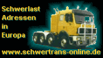 Gelber Schwerlast-Lkw mit Text: "Schwerlast Adressen in Europa, www.schwertrans-online.de".