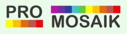 Text "PRO MOSAIK" mit Regenbogenmusterbalken.