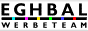 Textlogo mit Buchstaben "EGHBAL" und "WERBETEAM", bunte Rechtecke zwischen schwarzen Buchstaben.