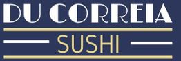 Logo do restaurante "Du Correia Sushi" em fundo azul com texto branco e dourado.