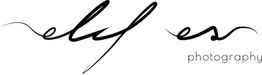 Schwarzes, geschwungenes Logo mit der Aufschrift "elf es photography" auf weißem Hintergrund.